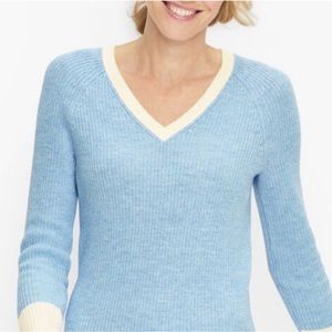 Talbots Cotton Blue and White V Neck Sweater Size Small